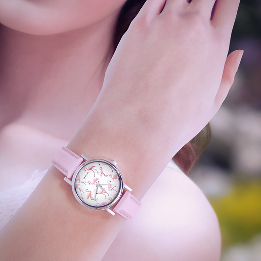 zegarki damskie Zegarek  mały - Flamingi - skórzany, pudrowy róż