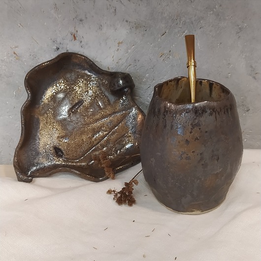 kubki Unikatowy kubek  ceramiczny Matero 400ml do yerba mate +spodek liść