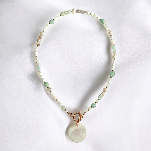 chokery Naszyjnik wakacyjny : perły , muszla, amazonit, jaspis cesarski :: light