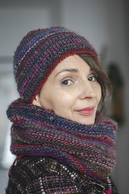 szale damskie Czapka + komin fiolety 100% wełna