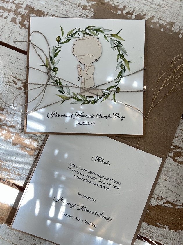 kartki na komunię Kartka komunijna ręcznie robiona z imieniem od matki chrzestnej, ojca chrzest