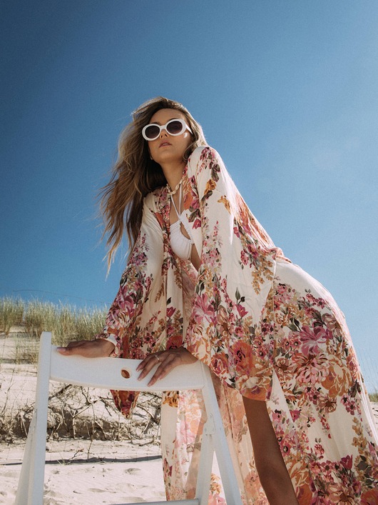 bluzki kimonowe damskie Kimono Flower Ecru LONG