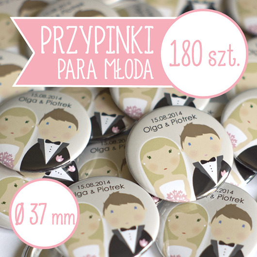180 szt. przypinki ślubne Młoda Para 37 mm inkipinki
