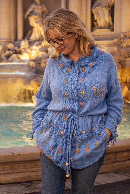kardigany damskie Niebieski kardigan haftowany ręcznie, rozmiar XL/XXL