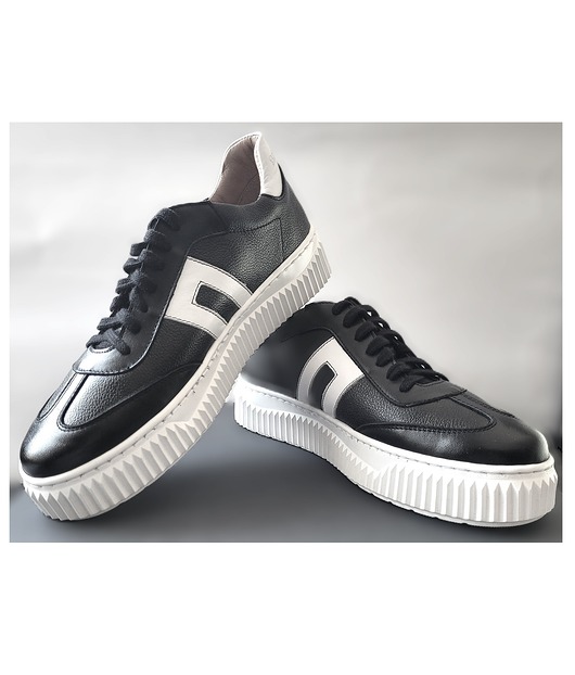 sneakersy damskie Sneakersyi skórzane - czarne + białe wstawki   (7221)