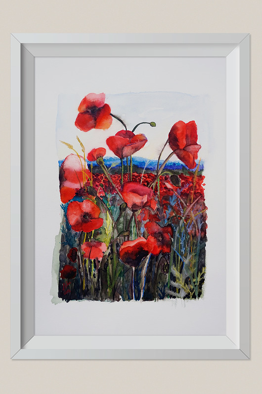 obrazy Akwarela Krajobraz z makami 40x30cm + biała rama