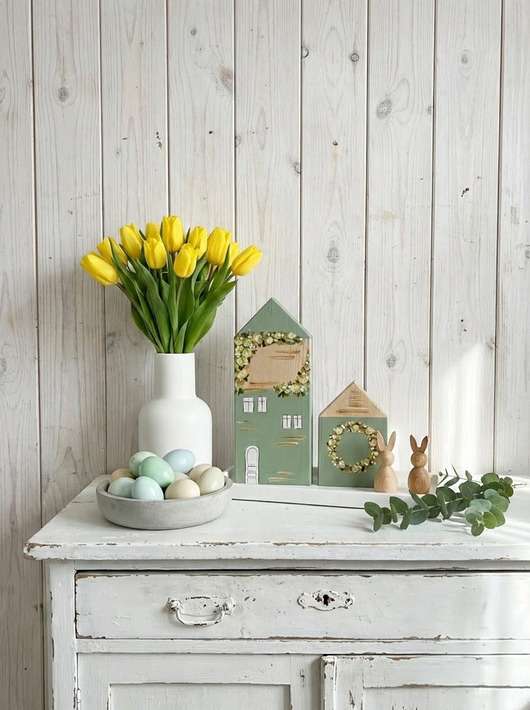 ozdoby wielkanocne Zestaw Drewnianych Domków Wiosna i Wielkanoc. Ręcznie Malowane Ozdoby