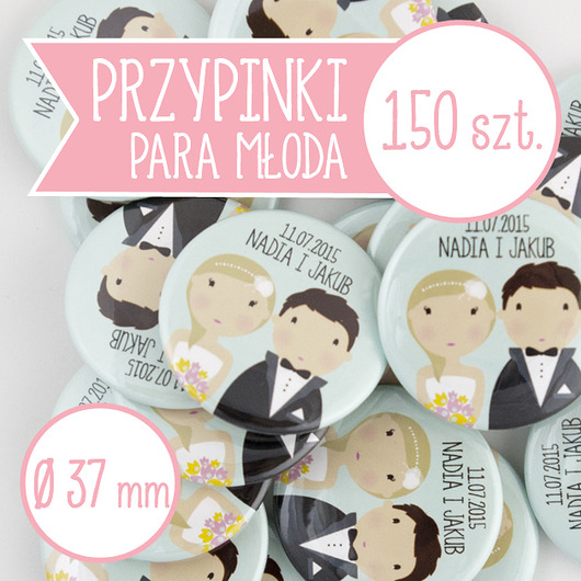 150 szt. przypinki ślubne Młoda Para 37 mm inkipinki
