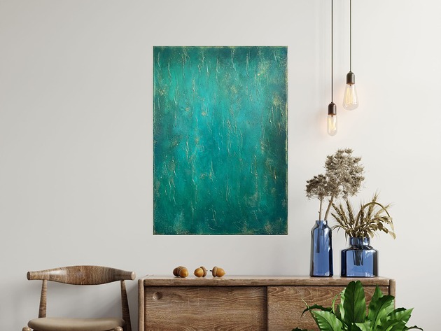 obrazy Zielony obraz abstrakcyjny ze złotem "Verde" 50x70cm