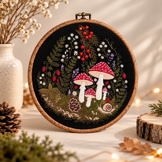 Ozdoby na ścianę Jesienne muchomory,haft w oprawie ok 20 cm średnicy