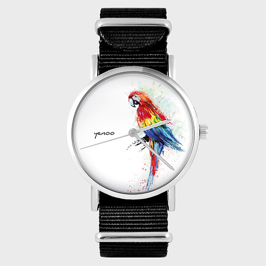 zegarki damskie Zegarek - Czerwona papuga - czarny, nylon