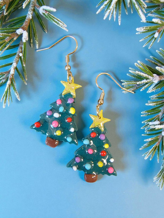 kolczyki z masy plastycznej Świąteczne kolczyki choinki handmade