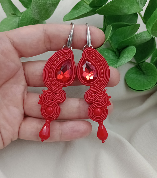 kolczyki soutache Czerwone rubinowe kolczyki, długie kolczyki sutasz na wesele przyjęcie