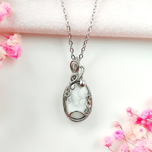 wisiory Naszyjnik Howlit Marmurkowy stal chirurgiczna wisiorek handmade wirewrapping