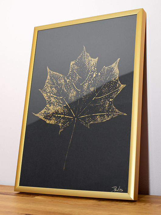 obrazy Grafika Botaniczna. Złoty Liść Klonu Ramka Alu 20x30cm. Golden Maple Leaf