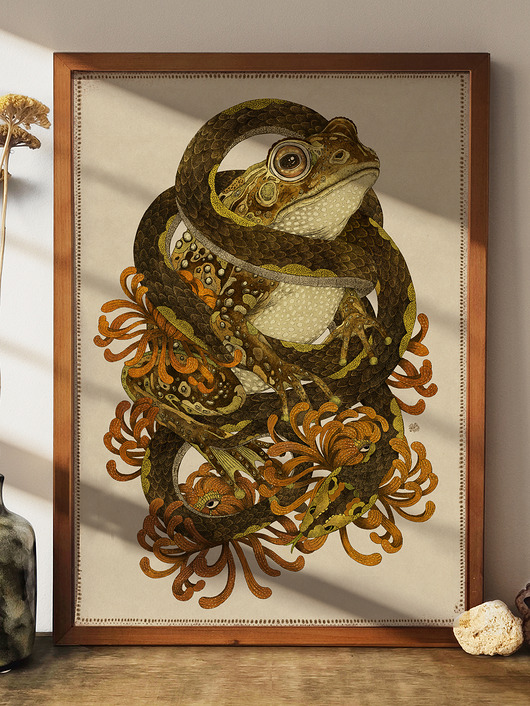 plakaty Żaba i wąż, plakat botaniczny, plakat boho, plakat motyw żaby