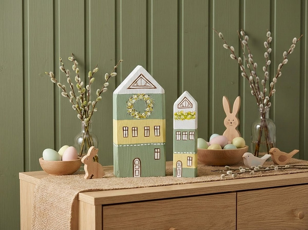 ozdoby wielkanocne Drewniane Domki Skandynawskie, zestaw wioseny - wielkanocny