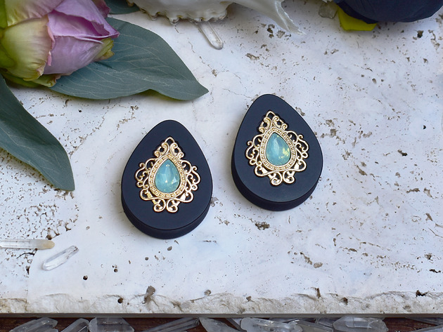 biżuteria różna Tunele do uszu 34-60mm / łezki z wiktoriańską ozdobą i kryształkiem