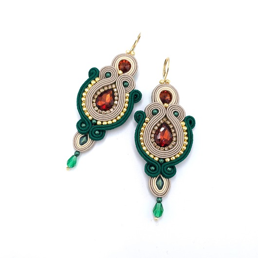 kolczyki soutache Kolczyki sutasz wieczorowe beżowo zielone eleganckie długie Margo