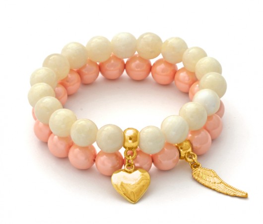 Ecru jade & salmon pearl set with pendants. Lavoga