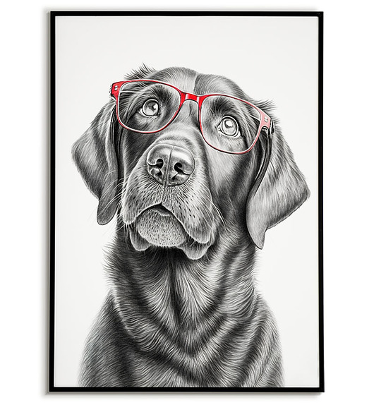 obrazy i plakaty do pokoju dziecięcego Plakat Labrador w czerwonych okularach, plakat dla dziecka ze  zwierzątkiem.