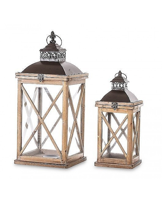 świeczniki i świece Lampion Metalowo Drewniany 2 szt. Komplet Latarenek Marrone