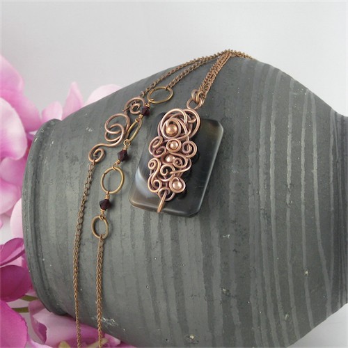 Winnetou - wisior wire-wrapping z agatem czarnym Almien art Studio