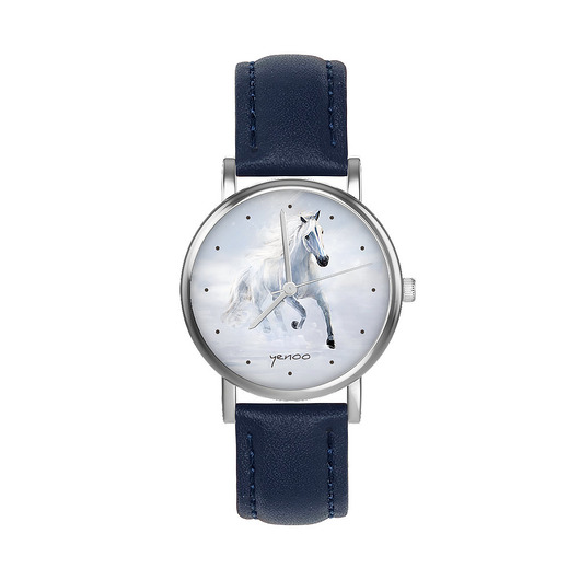 zegarki damskie Zegarek  mały - Biały koń biegnący - skórzany, granatowy