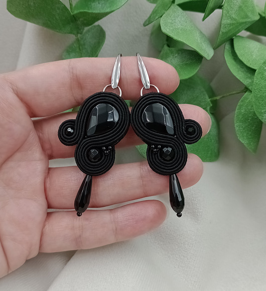 kolczyki soutache Czarne wiszące kolczyki z onyksem, czarne kolczyki soutache