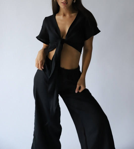 spodnie materiałowe damskie TROPIKO - lniane spodnie z wysokim stanem CZARNE