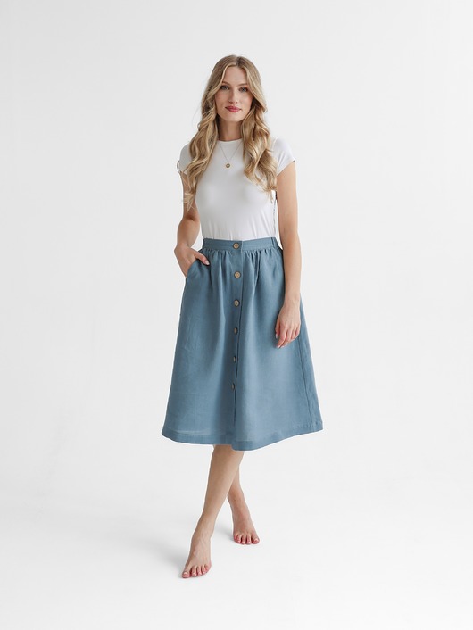spódnice midi Lniana Spódnica LILY DUSTY BLUE