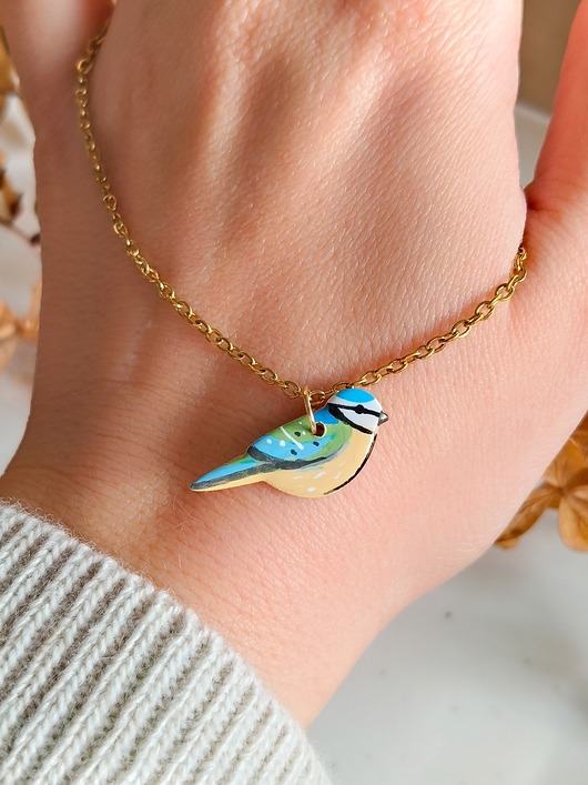 wisiory Naszyjnik Sikorka Modra - Modraszka ptaszek, boho wiosenny prezent dla niej