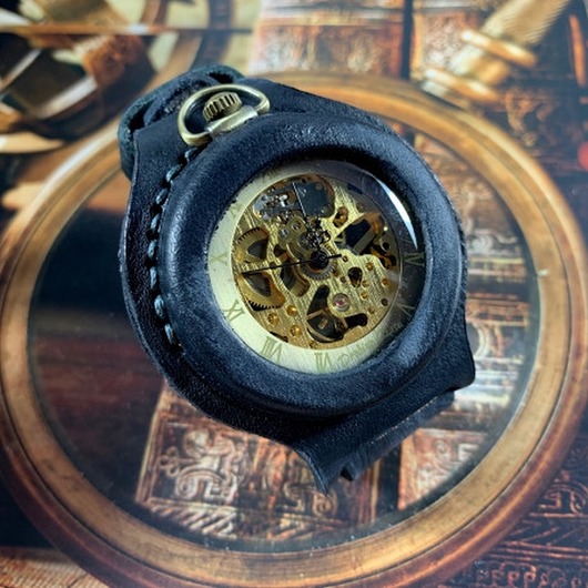 zegarki męskie Zegarek mechaniczny, nakręcany, skeleton DC 042 - Black Vintage - Złoty Smok