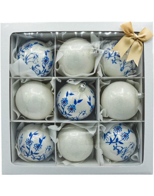 ozdoby choinkowe Bombki okrągłe biało-niebieskie kwiaty: 9 sztuk