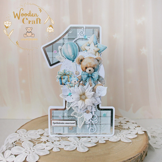 kartki, zaproszenia na chrzest Urodzinowa kartka cyferka, prezent na roczek "Baby Bear" GOTOWA