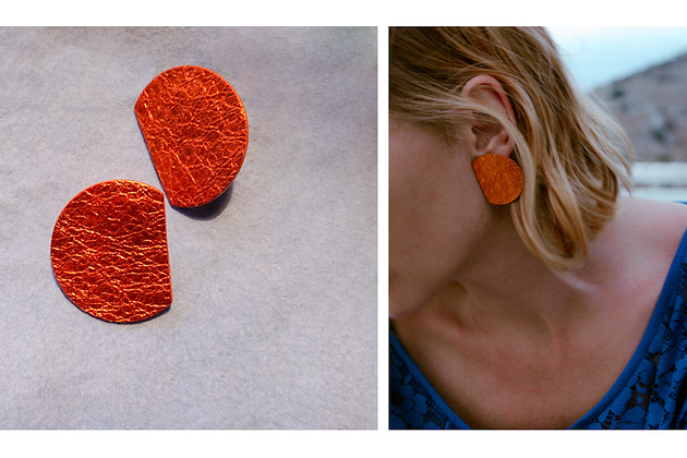kolczyki - inne Flame. Pomarańczowe metaliczne skórzane kolczyki statement