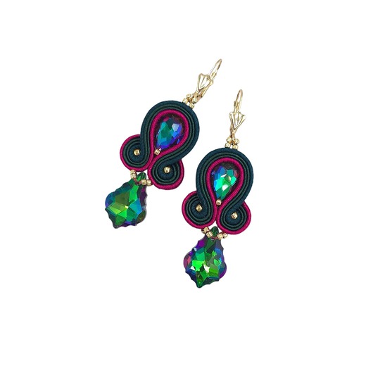 kolczyki soutache Kolczyki sutasz różowo zielone z kryształami Felicja
