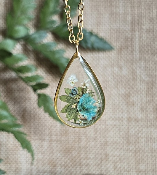 wisiory Złoty wisiorek prawdziwe kwiaty zawieszka łezka łza niebieska