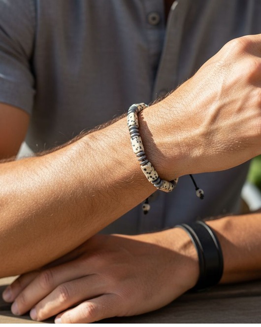 biżuteria męska S-L : jaspis dalmatyński, hematyt - ochronna, antystresowa bransoletka