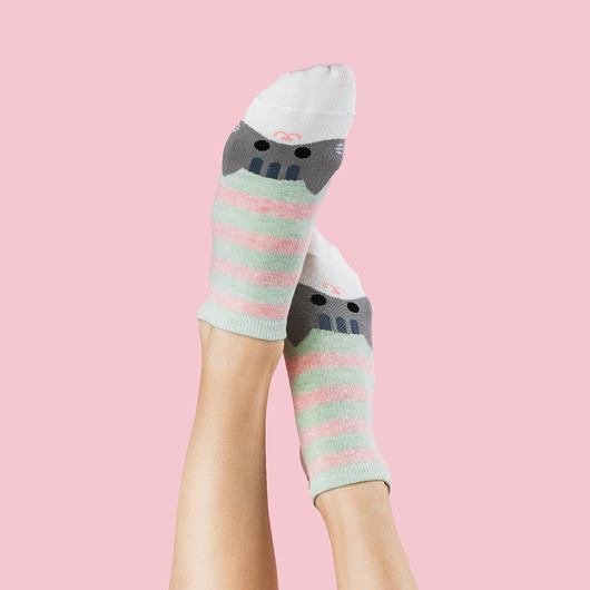Skarpetki w paski z kotkiem - Biało-szara kicia CandySox