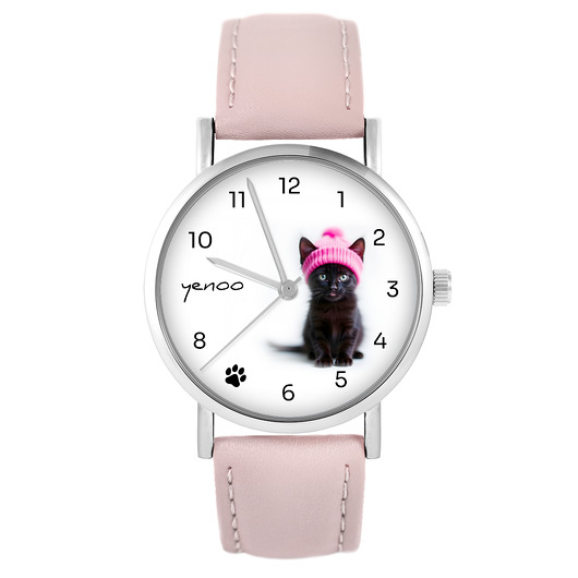 zegarki damskie Zegarek - Czarny kotek - pudrowy róż, skóra