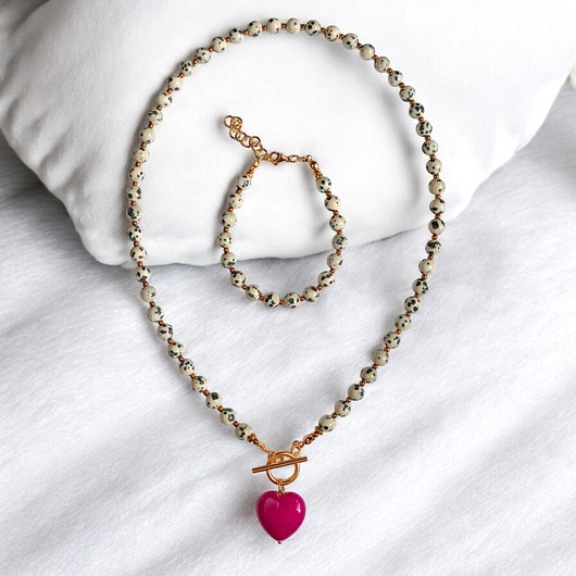 komplet biżuterii RAZEM TANIEJ : jaspis dalmatyński i serce : fuksja : komplet