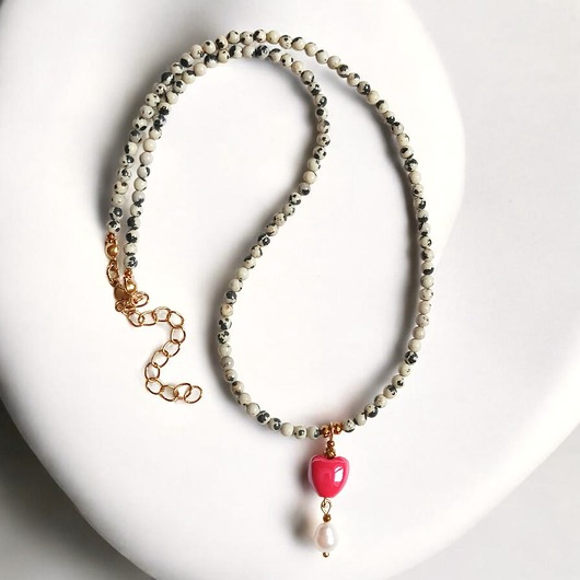 chokery Naszyjnik : jaspis dalmatyński, serce ceramiczne, perła