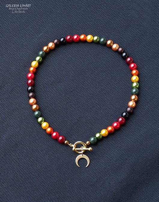 korale Naszyjniku z pereł w bajecznych kolorach + LUNULA - róg obfitości