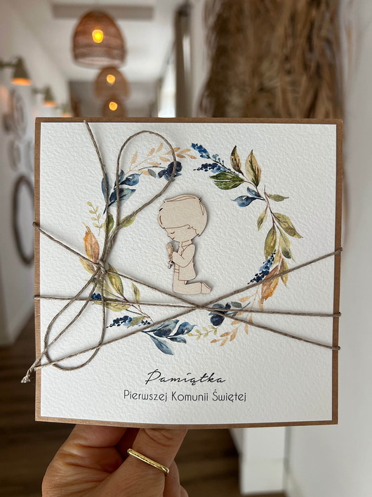 kartki na komunię Ręcznie robiona kartka na komunię z życzeniami - chłopiec