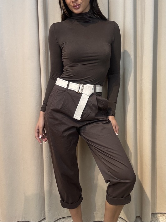 spodnie materiałowe damskie Bawełniane spodnie z paskiem Marrone