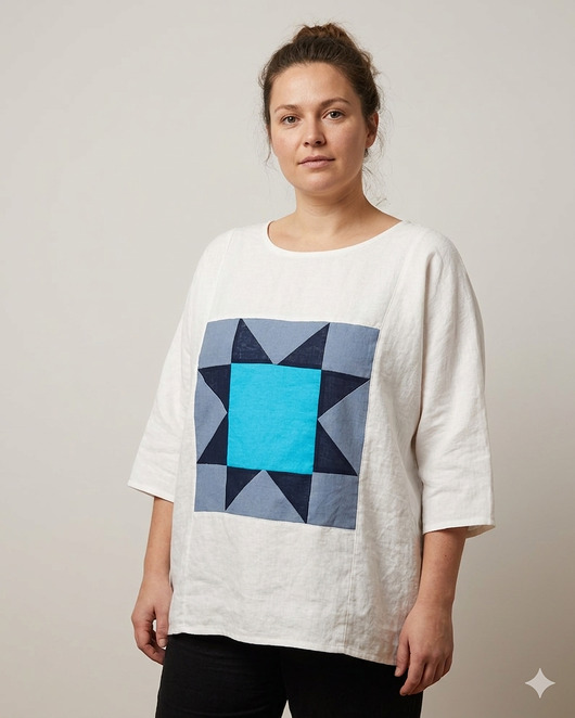 bluzki kimonowe damskie Lniana bluzka z patchworkową gwiazdą