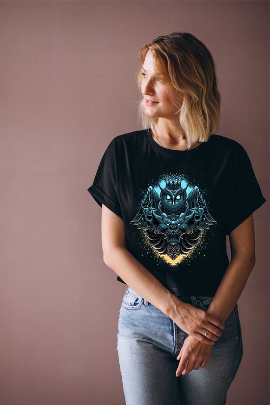 t-shirt damskie Koszulka oversize czarna z nadrukiem Sowa