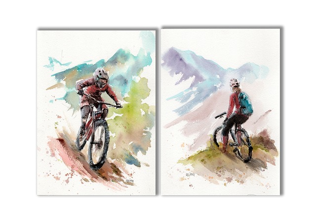 grafiki i ilustracje Rower górski. Akwarela ręcznie malowana. Zestaw 2 szt