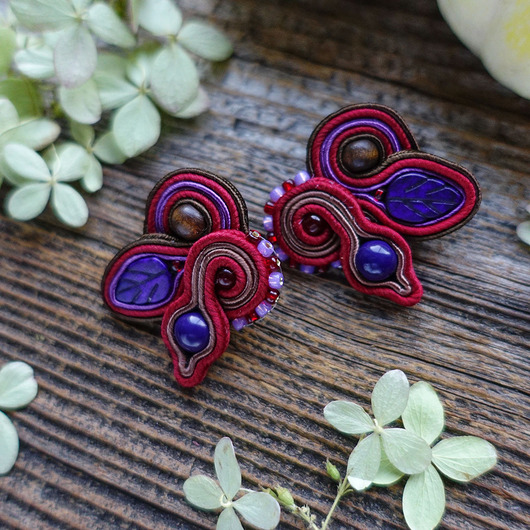 kolczyki soutache Bordowo-fioletowe kolczyki soutache